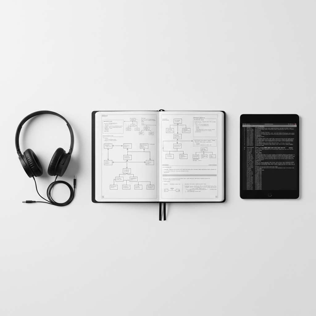 A meticulously arranged flat-lay of cyber security study materials on a pure white desk: an open black notebook filled with tidy, hand-drawn network topology diagrams, a slim black tablet displaying a grayscale terminal window with abstract log lines, and a pair of minimalist black over-ear headphones resting neatly beside them. All objects have clean, modern lines with smooth matte textures. Soft, even overhead studio lighting eliminates harsh contrasts while still defining edges with gentle shadows. Shot directly from above with sharp focus across the frame, the composition is balanced using the rule of thirds, leaving intentional negative space. The photographic, minimalist style and monochrome palette convey disciplined learning, analysis, and a professional approach to cyber security studies.