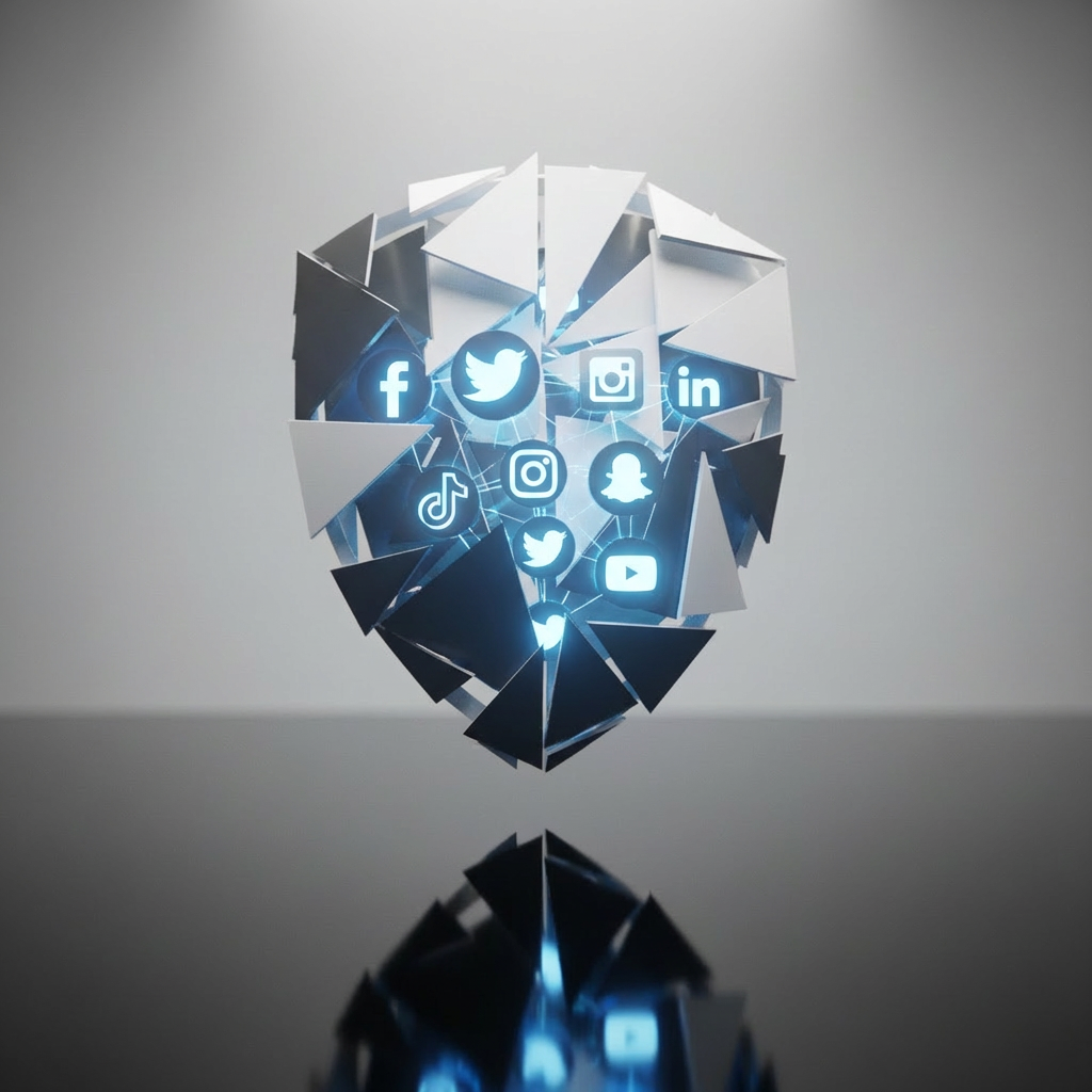 A geometric shield protecting glowing blue icons of popular social media platforms.
